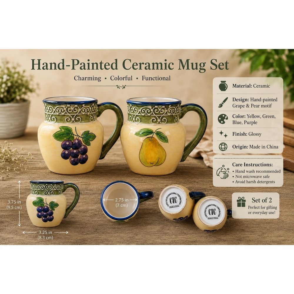 Certified International CIC Tuscan Fruit Ceramic Mugs Set of 2 Grapes Pear Blue